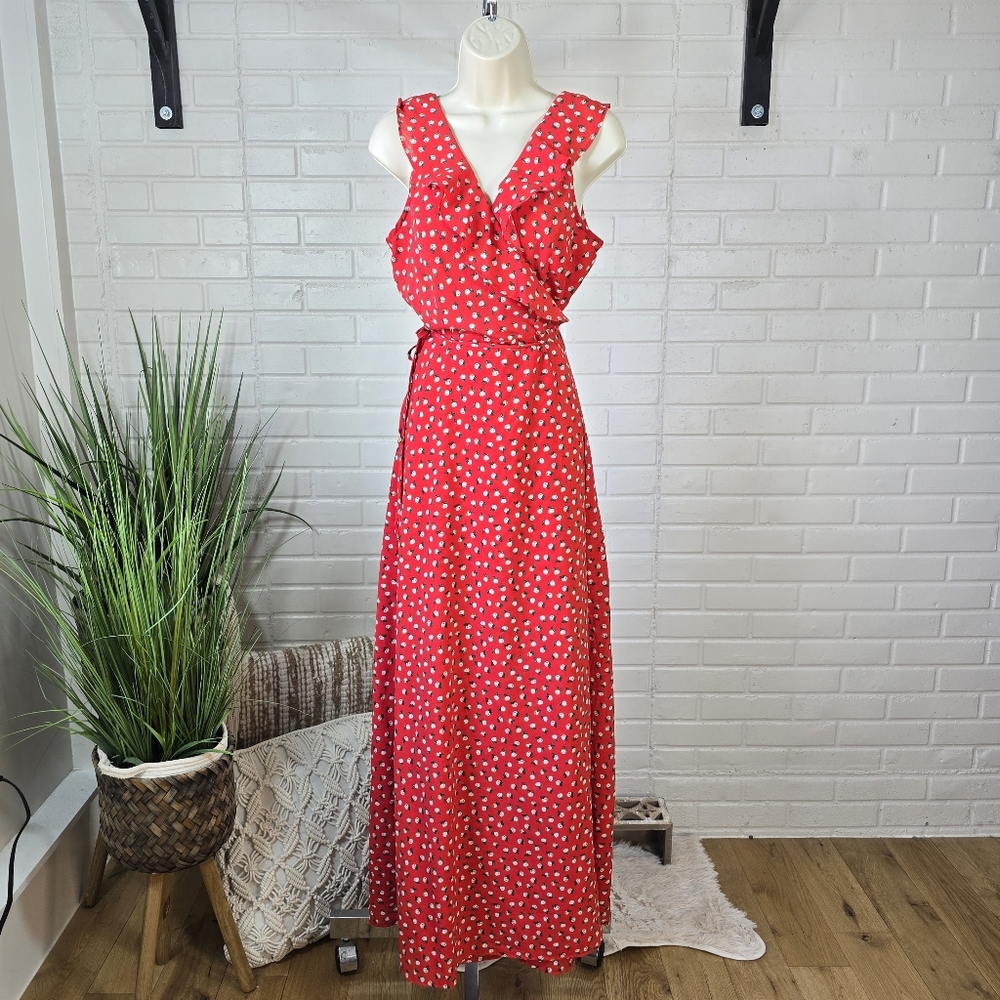 Heartloom Ruffle Collar Floral Wrap Maxi Dress Red Cream Green size Medium